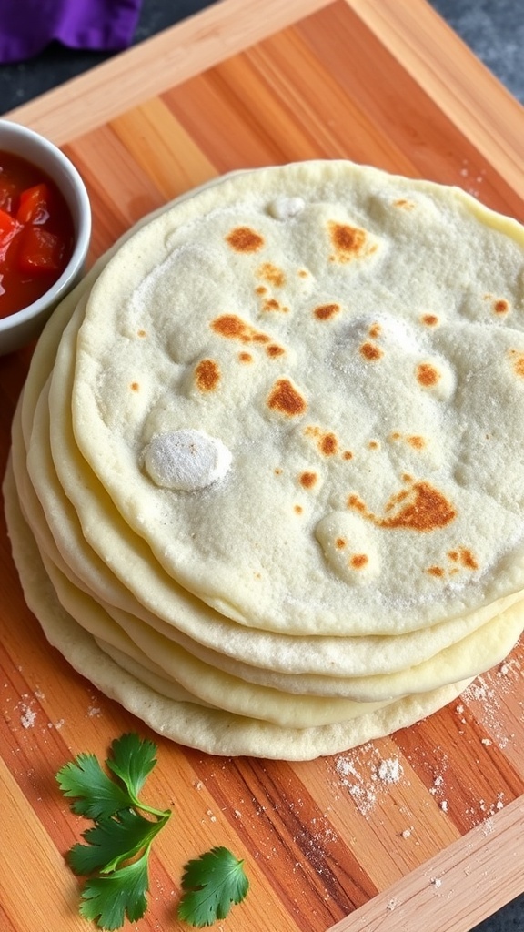 A stack of warm homemade tortillas on a cutting board with salsa and cilantro.